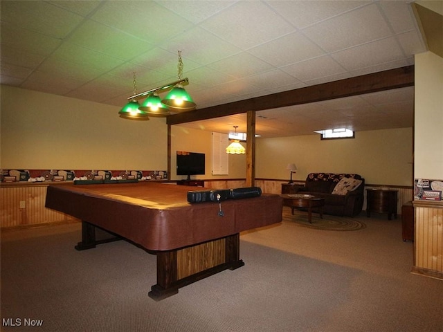 recreation room featuring billiards, carpet flooring, and a wainscoted wall