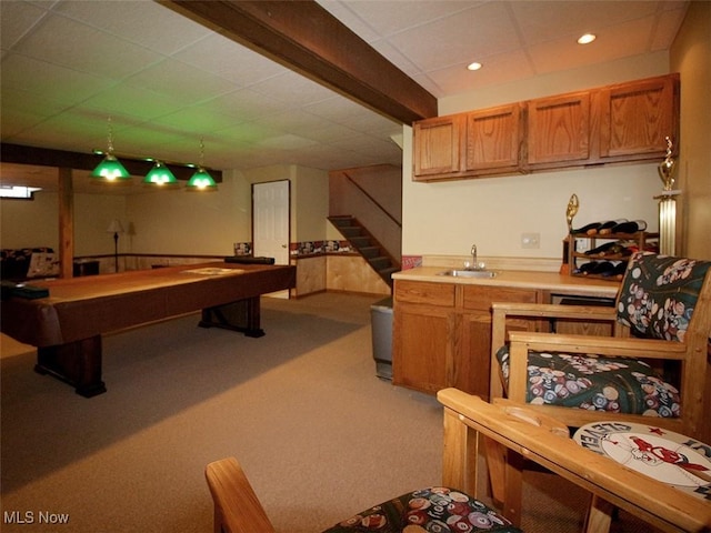 game room featuring a paneled ceiling, light carpet, recessed lighting, billiards, and a sink