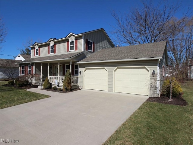 traditional-style home featuring driveway, a porch, an attached garage, a shingled roof, and a front lawn