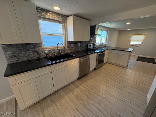 kitchen featuring light wood finished floors, tasteful backsplash, a peninsula, stainless steel appliances, and a sink