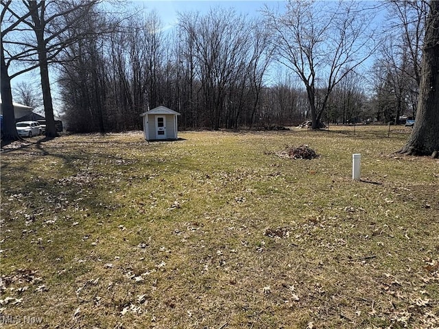 view of yard with an outdoor structure and a shed