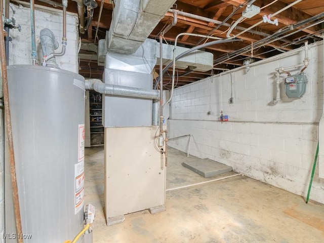 unfinished basement with heating unit and water heater