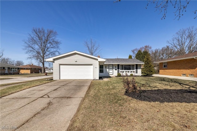 ranch-style house with a garage, a front yard, a porch, and driveway