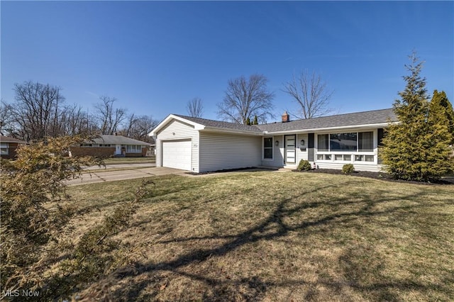 ranch-style home featuring driveway, a front lawn, a chimney, and an attached garage