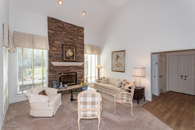 living area with a fireplace, high vaulted ceiling, baseboards, and wood finished floors