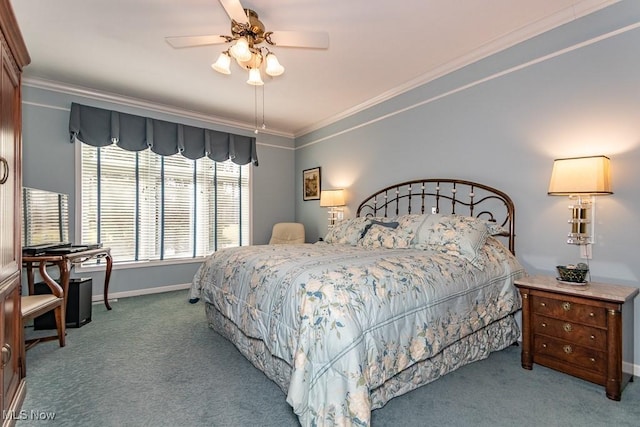 bedroom with carpet flooring, ceiling fan, baseboards, and ornamental molding