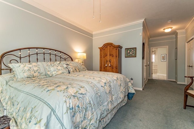 carpeted bedroom featuring crown molding and baseboards