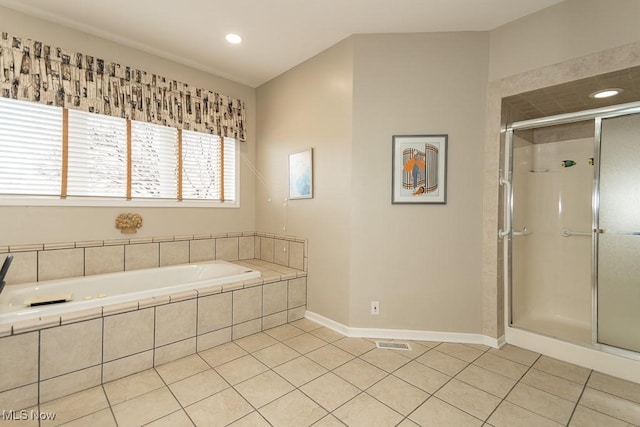 bathroom with baseboards, recessed lighting, a stall shower, tile patterned flooring, and a garden tub