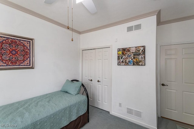 bedroom with visible vents, carpet, and ornamental molding