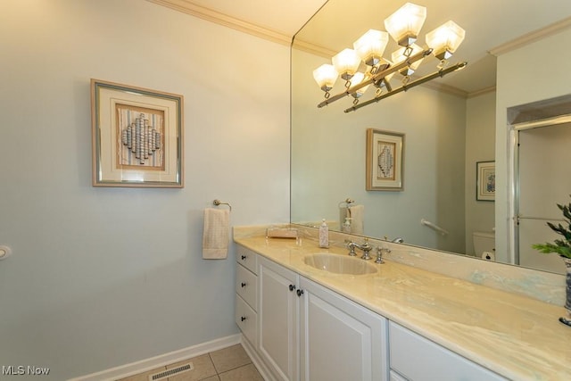 full bathroom featuring visible vents, crown molding, a chandelier, tile patterned floors, and vanity