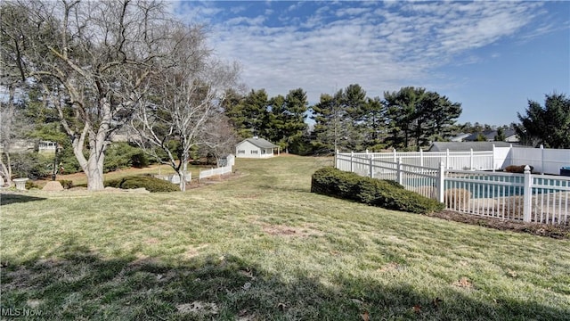 view of yard with a fenced in pool and fence