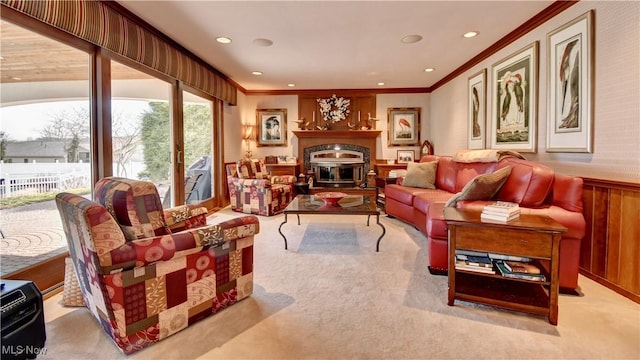 living room featuring recessed lighting, light colored carpet, and ornamental molding