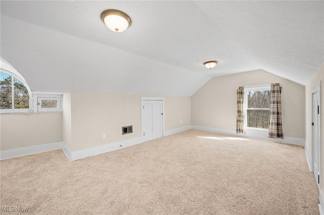 additional living space with baseboards, lofted ceiling, a textured ceiling, and carpet flooring