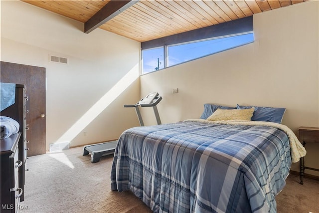 carpeted bedroom with visible vents, wood ceiling, and beamed ceiling