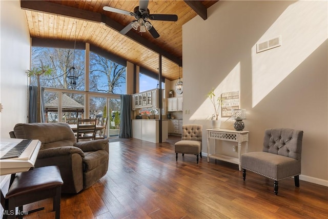 interior space with lofted ceiling with beams, visible vents, wooden ceiling, and a ceiling fan