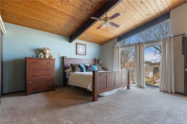 carpeted bedroom featuring access to exterior, vaulted ceiling with beams, wood ceiling, and a ceiling fan