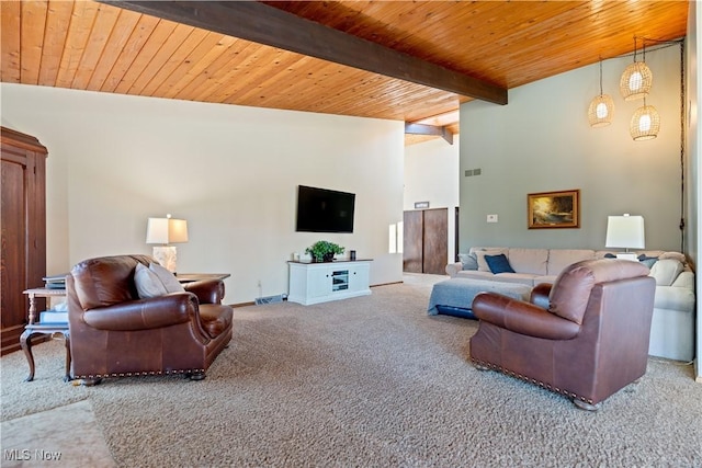 living room featuring beamed ceiling, wooden ceiling, high vaulted ceiling, and carpet floors