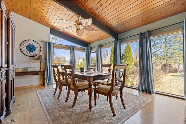 sunroom / solarium featuring a ceiling fan, wooden ceiling, and vaulted ceiling with beams