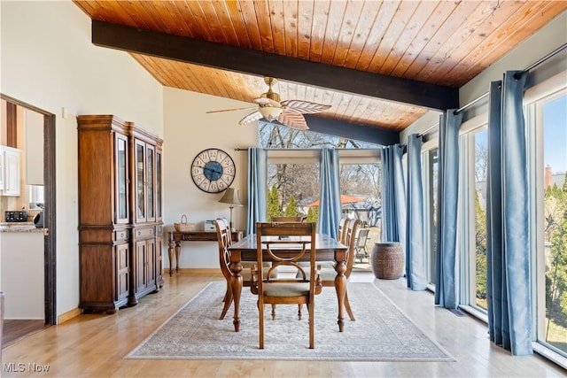 dining area with wood ceiling, light wood finished floors, vaulted ceiling with beams, and ceiling fan