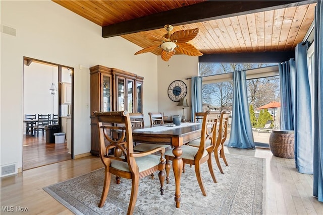 dining room featuring a ceiling fan, visible vents, beam ceiling, light wood-style flooring, and wooden ceiling