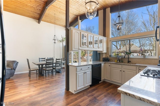 kitchen featuring a sink, dark wood finished floors, wooden ceiling, dishwasher, and a chandelier