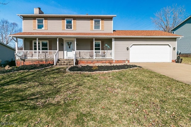 view of front of property featuring driveway, covered porch, a chimney, a front lawn, and a garage