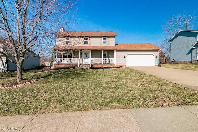 view of front facade featuring driveway, covered porch, a chimney, a front lawn, and a garage