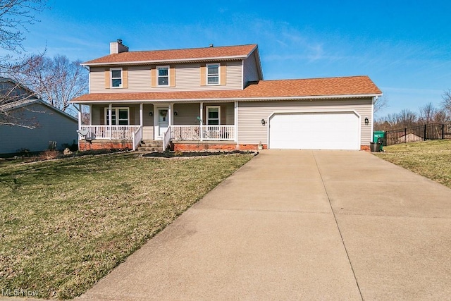 view of front of house featuring a front lawn, fence, covered porch, a garage, and driveway