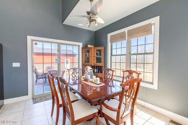 dining room featuring a wealth of natural light, visible vents, baseboards, and a ceiling fan