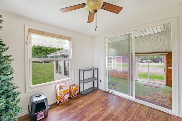 sunroom / solarium featuring a wealth of natural light and ceiling fan