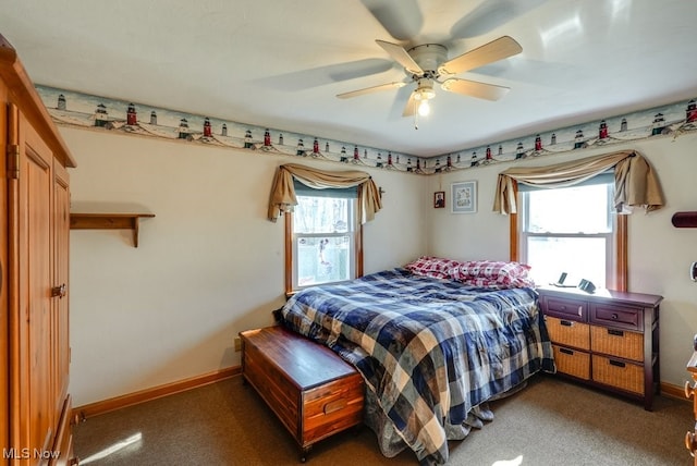 bedroom with carpet flooring, ceiling fan, and baseboards