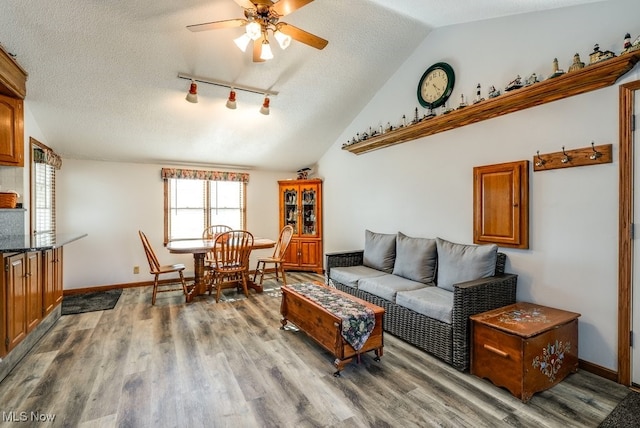 living area featuring ceiling fan, a textured ceiling, lofted ceiling, and wood finished floors