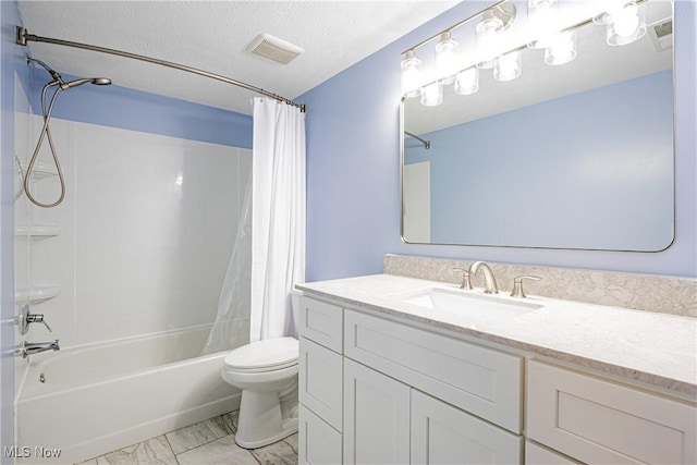 full bath with vanity, shower / bathtub combination with curtain, visible vents, a textured ceiling, and toilet