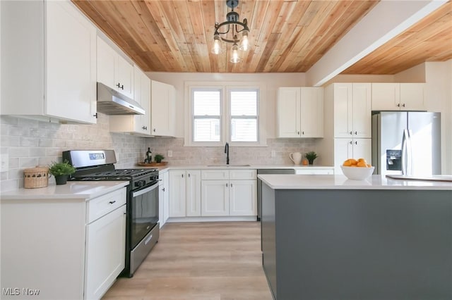 kitchen with under cabinet range hood, a sink, white cabinetry, stainless steel appliances, and light countertops