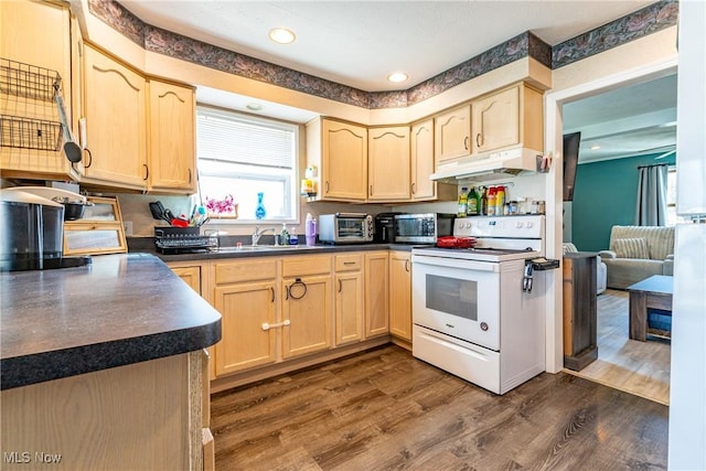 kitchen with light brown cabinets, electric range, a sink, under cabinet range hood, and dark countertops