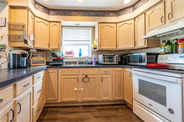 kitchen featuring stainless steel microwave, dark wood-type flooring, under cabinet range hood, white range with electric stovetop, and a sink