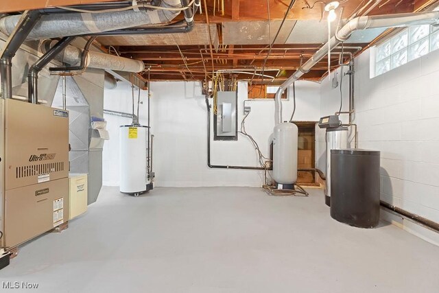 below grade area with electric panel, gas water heater, and concrete block wall