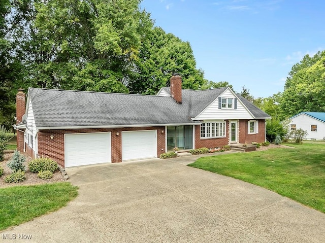 view of front facade with brick siding, an attached garage, and a chimney