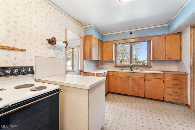 kitchen with a sink, electric range, and wallpapered walls