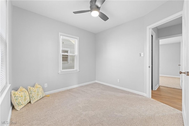 unfurnished bedroom featuring baseboards, ceiling fan, and carpet flooring