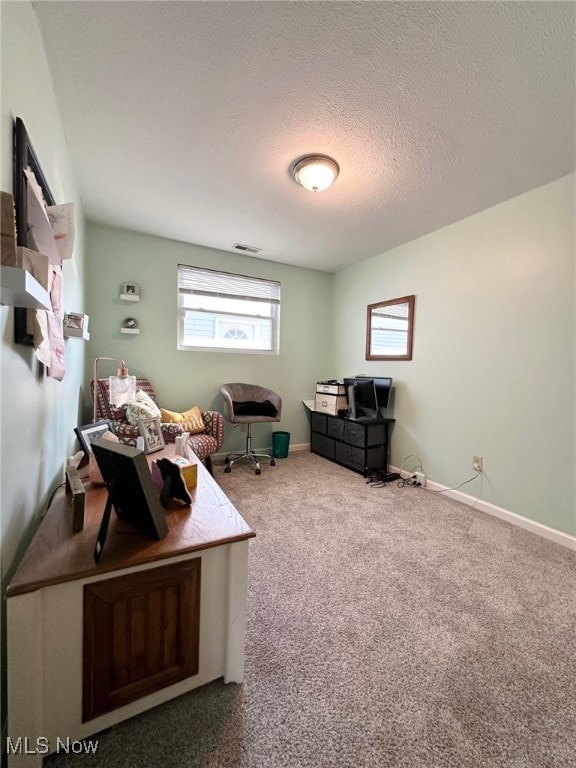 office featuring baseboards, visible vents, a textured ceiling, and carpet