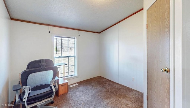 carpeted home office featuring visible vents, a textured ceiling, and crown molding