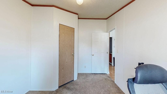 carpeted home office featuring a textured ceiling and crown molding