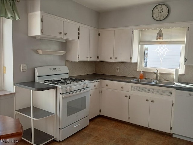 kitchen featuring a sink, white appliances, backsplash, and white cabinets