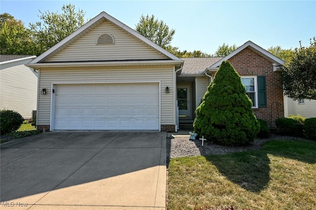 ranch-style house featuring brick siding, driveway, a front lawn, and a garage