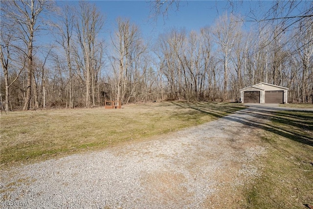 view of yard with a detached garage, driveway, and an outdoor structure