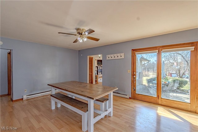 dining space featuring a baseboard heating unit, ceiling fan, light wood-type flooring, and a baseboard radiator