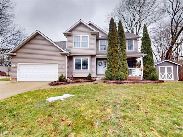 view of front of house featuring driveway, a shed, a porch, an attached garage, and a front lawn