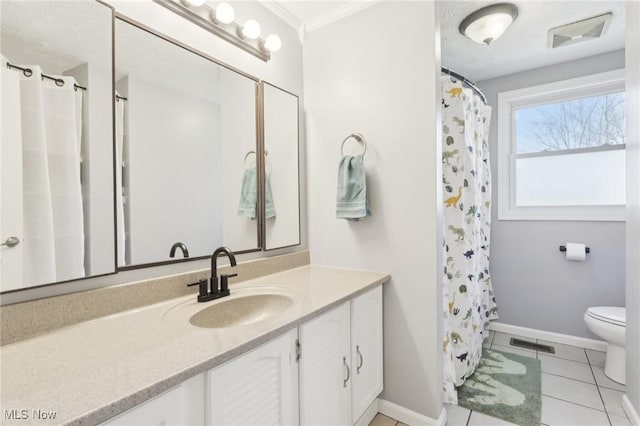 full bath featuring visible vents, toilet, vanity, and tile patterned flooring