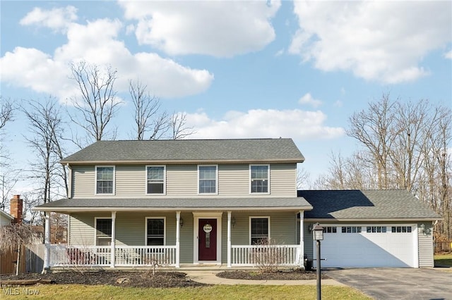 view of front facade with covered porch, an attached garage, driveway, and roof with shingles